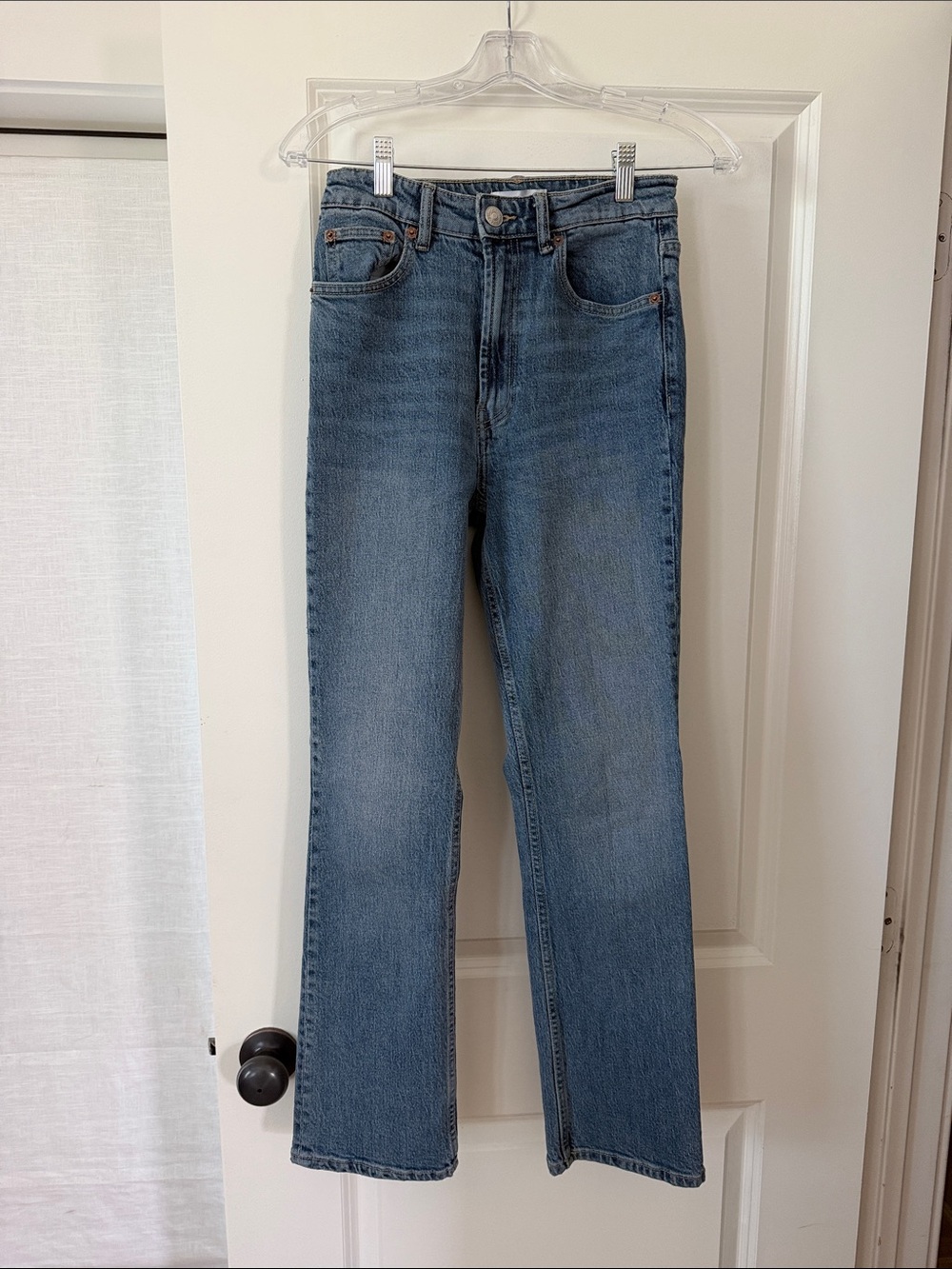 Zara Medium Blue High Rise Straight Leg Jean (Ankle Length)
